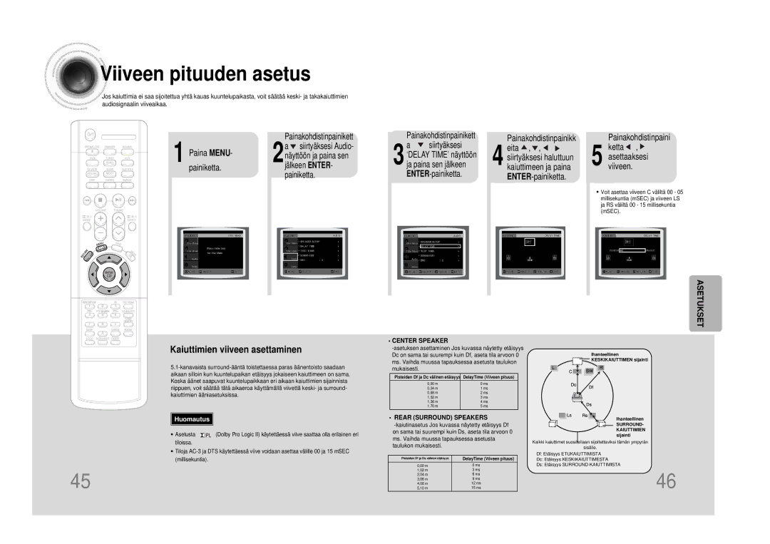 Samsung HTDS100RH/EDC manual Viiveen pituuden asetus, Painakohdistinpainikk Eita , , siirtyäksesi haluttuun 