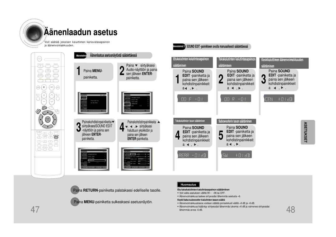 Samsung HTDS100RH/EDC manual Äänenlaadun asetus, Paina Sound, Sen jälkeen Enter, Audio-näyttöön ja paina 