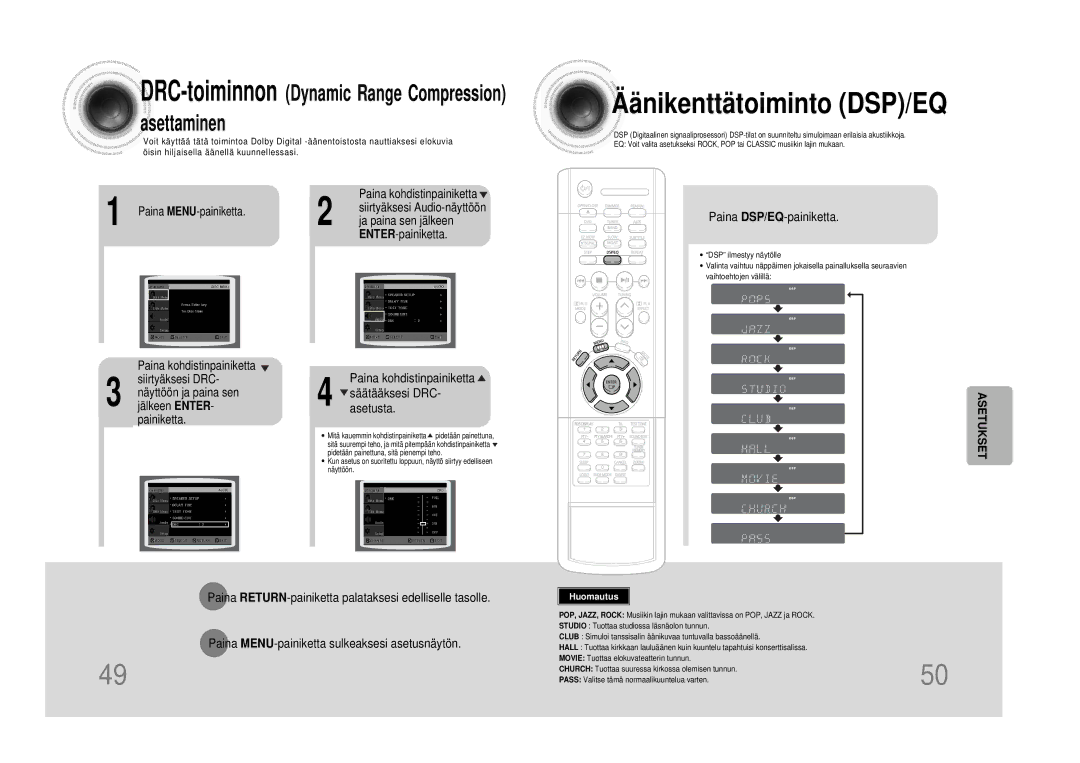 Samsung HTDS100RH/EDC Äänikenttätoiminto DSP/EQ, Paina DSP/EQ-painiketta, Paina kohdistinpainiketta, Ja paina sen jälkeen 