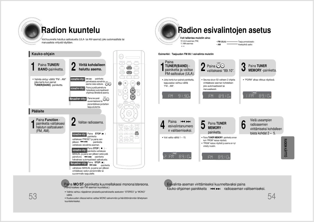 Samsung HTDS100RH/EDC manual Radion kuuntelu, Radion esivalintojen asetus, Kauko-ohjain, Viritä kohdalleen haluttu asema 