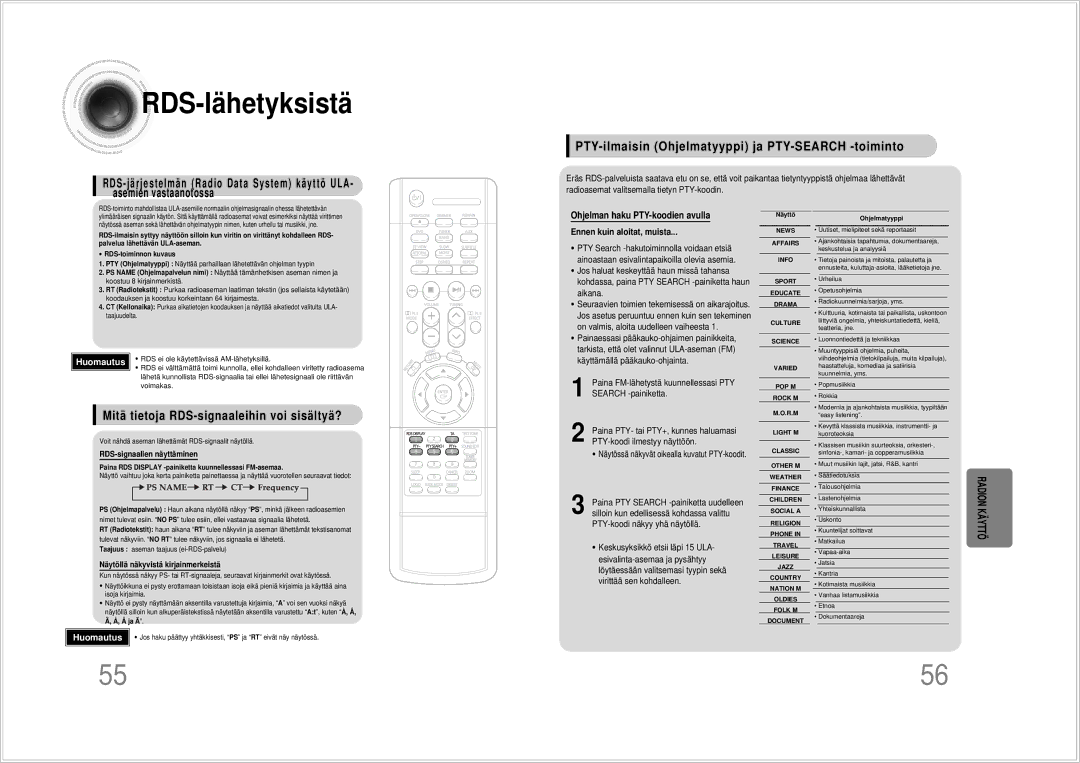 Samsung HTDS100RH/EDC manual RDS -lähetyksistä, PTY-ilmaisin Ohjelmatyyppi ja PTY-SEARCH -toiminto 