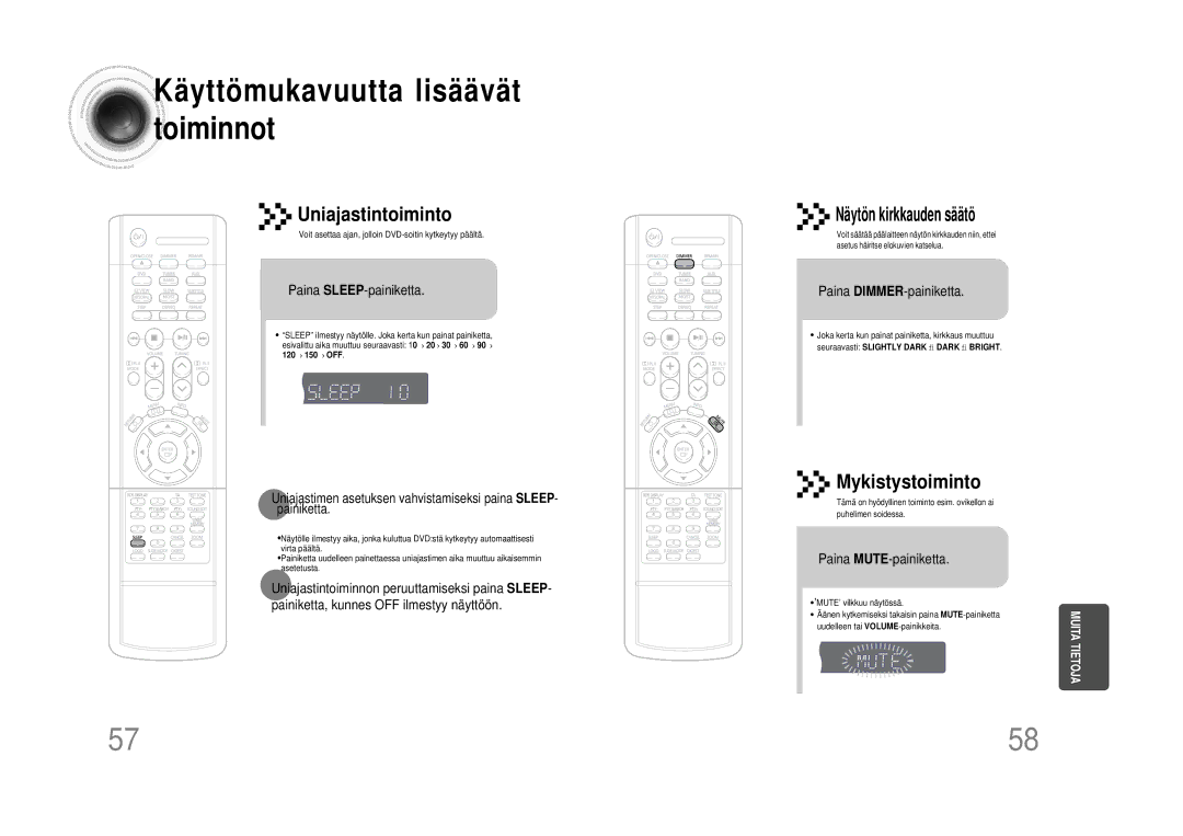 Samsung HTDS100RH/EDC manual Käyttömukavuutta lisäävät toiminnot, Paina SLEEP-painiketta, Paina DIMMER-painiketta 