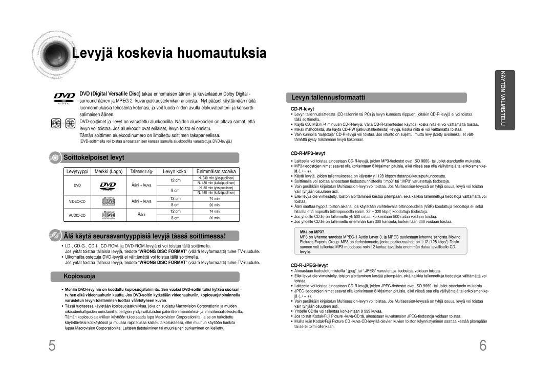 Samsung HTDS100RH/EDC manual Levyjä koskevia huomautuksia, Kopiosuoja, CD-R-levyt, CD-R-MP3-levyt, CD-R-JPEG-levyt 