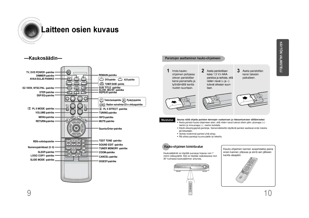 Samsung HTDS100RH/EDC manual Paristojen asettaminen kauko-ohjaimeen, Kauko-ohjaimen toiminta-alue, RDS-valintapainike 