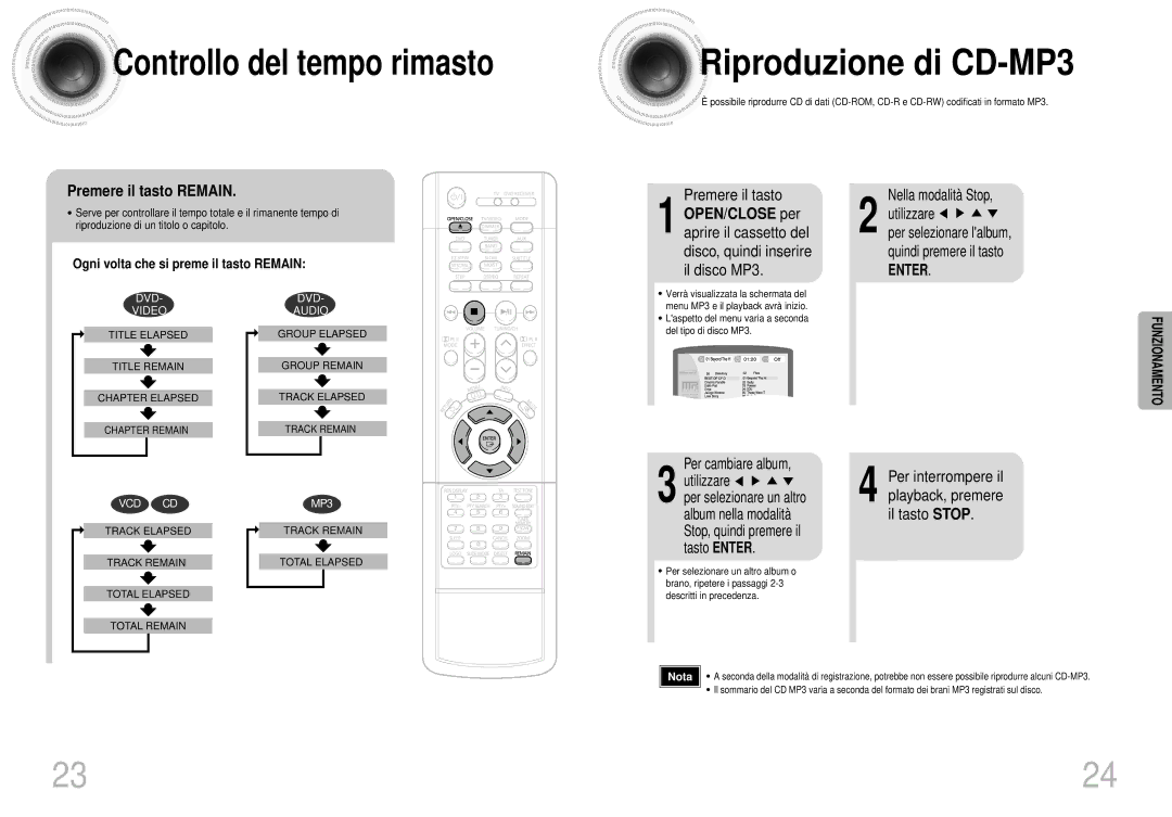 Samsung HTDS420RH/EDC, HTDS400RH/EDC manual Controllo del tempo rimasto, Premere il tasto Remain, Nella modalità Stop 