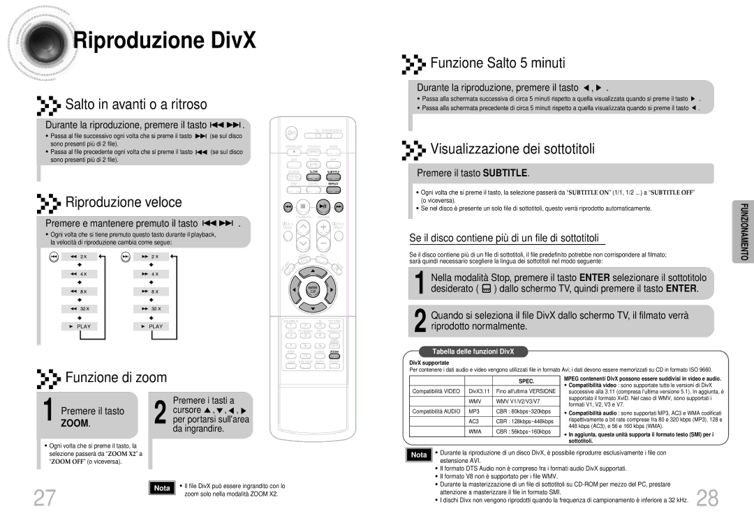 Samsung HTDS400RH/EDC Riproduzione DivX, Durante la riproduzione, premere il tasto, Premere e mantenere premuto il tasto 