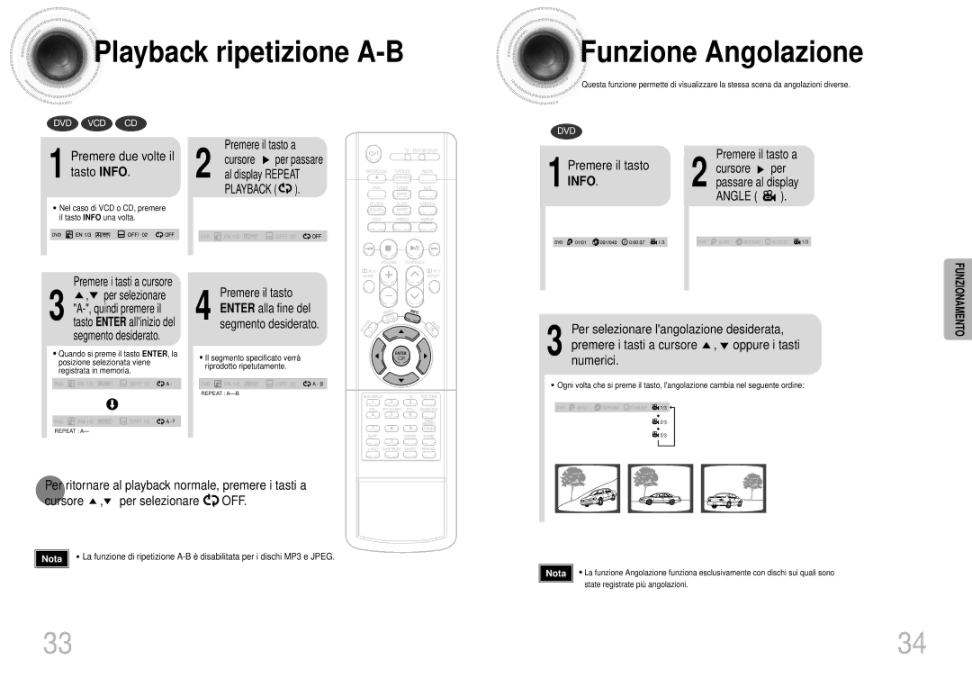 Samsung HTDS400RH/EDC, HTDS420RH/EDC, HTDS400RH/XFO manual Playback ripetizione A-B Funzione Angolazione, Premere il tasto a 