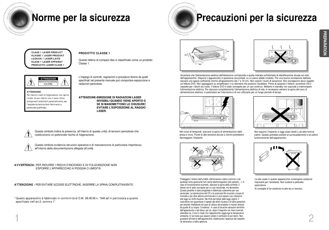 Samsung HTDS400RH/XFO, HTDS400RH/EDC, HTDS420RH/EDC manual Norme per la sicurezza, Precauzioni per la sicurezza 