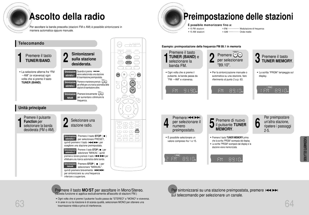 Samsung HTDS400RH/EDC, HTDS420RH/EDC, HTDS400RH/XFO manual Ascolto della radio, Telecomando, Unità principale Sintonizzarsi 