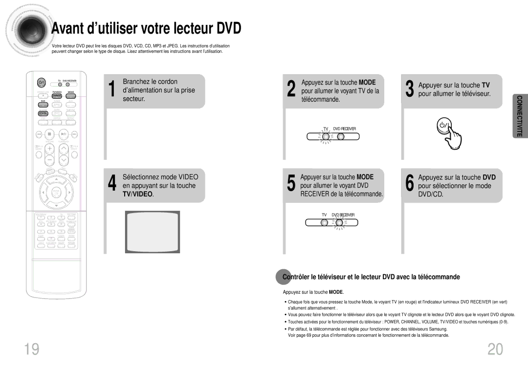 Samsung HTDS420RH/EDC manual Appuyer sur la touche Mode, Appuyez sur la touche DVD pour sélectionner le mode DVD/CD 