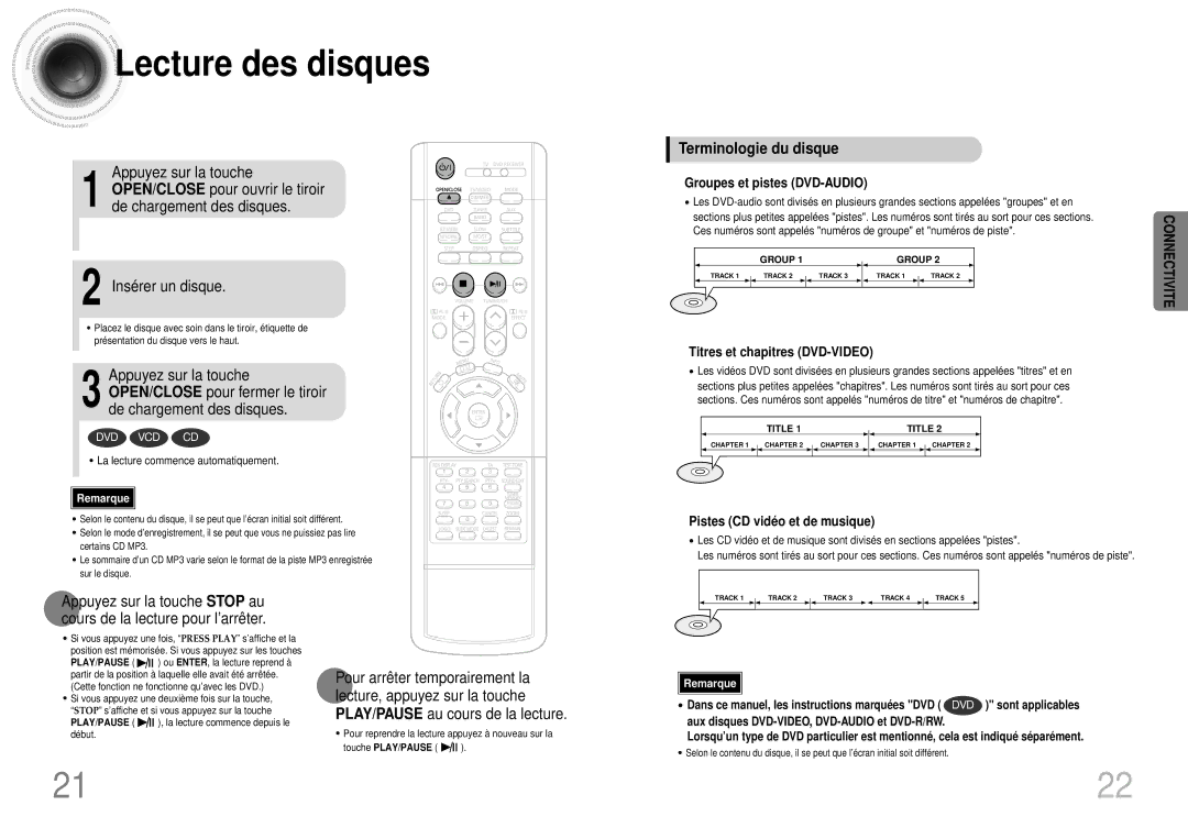 Samsung HTDS400RH/ELS, HTDS420RH/EDC Lecture des disques, Appuyez sur la touche, Insérer un disque, Terminologie du disque 