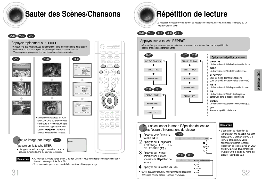 Samsung HTDS420RH/EDC, HTDS400RH/ELS manual Sauter des Scènes/Chansons, Ré pé tition de lecture, Appuyez rapidement sur 