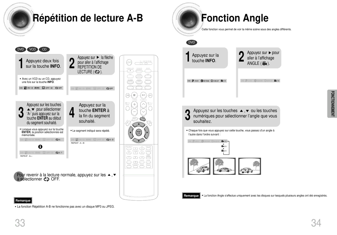 Samsung HTDS400RH/ELS manual Ré pé tition de lecture A-B Fonction Angle, Pour aller à l’affichage, Lecture, Touche Info 