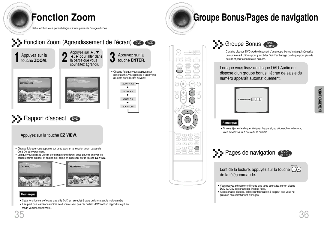 Samsung HTDS420RH/EDC, HTDS400RH/ELS manual Fonction Zoom, Appuyez sur la touche EZ View, Appuyez sur la touche Zoom 