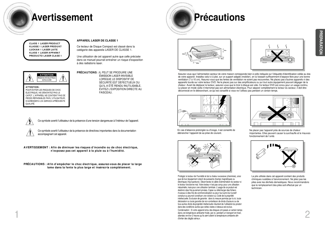 Samsung HTDS400RH/ELS, HTDS420RH/EDC manual Avertissement Précautions, Appareil Laser DE Classe 