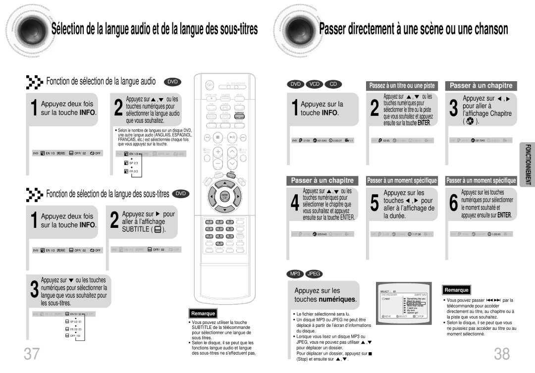 Samsung HTDS400RH/ELS manual Appuyez sur , ou les, ’affichage Chapitre, Appuyez sur les, Appuyez sur pour, La durée 