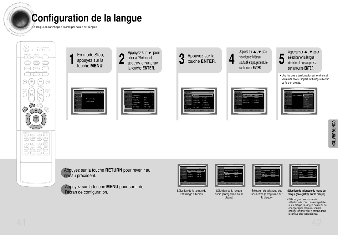 Samsung HTDS400RH/ELS, HTDS420RH/EDC Configuration de la langue, Aller à ‘Setup’ et, La touche Enter, Sur la touche Enter 