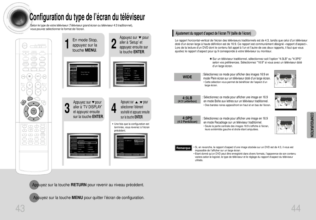 Samsung HTDS420RH/EDC, HTDS400RH/ELS manual Touche Menu, La touche Enter, Letterbox, 43 Pan&Scan 