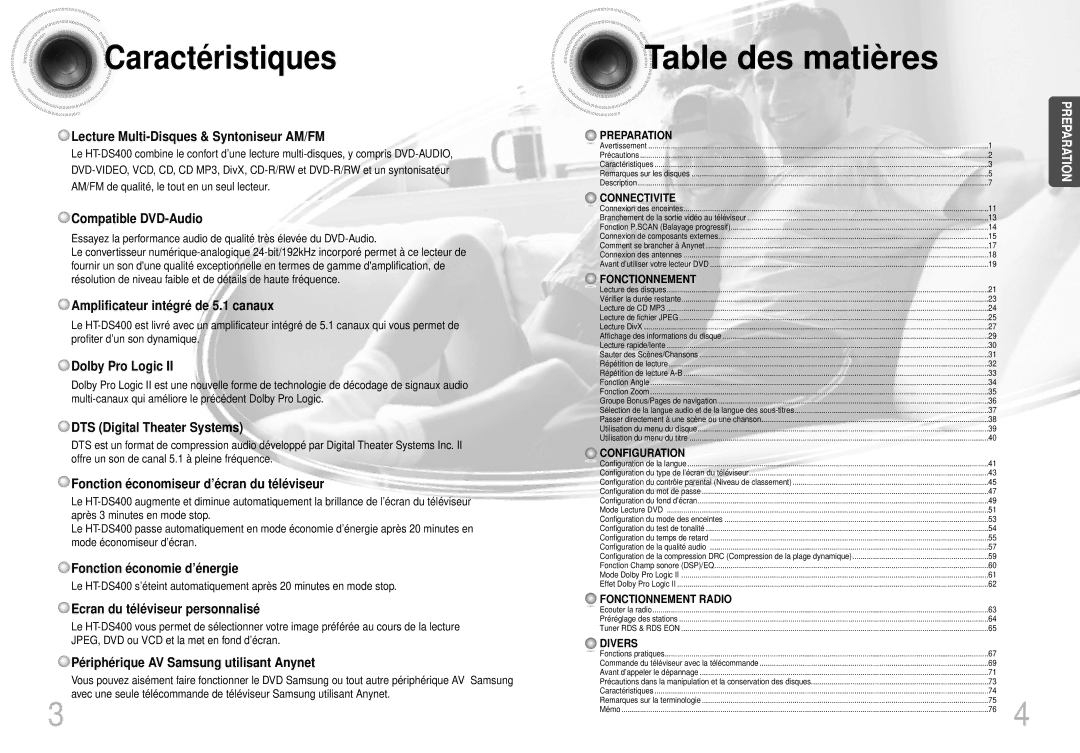 Samsung HTDS420RH/EDC, HTDS400RH/ELS manual Caractéristiques, Table des matières 