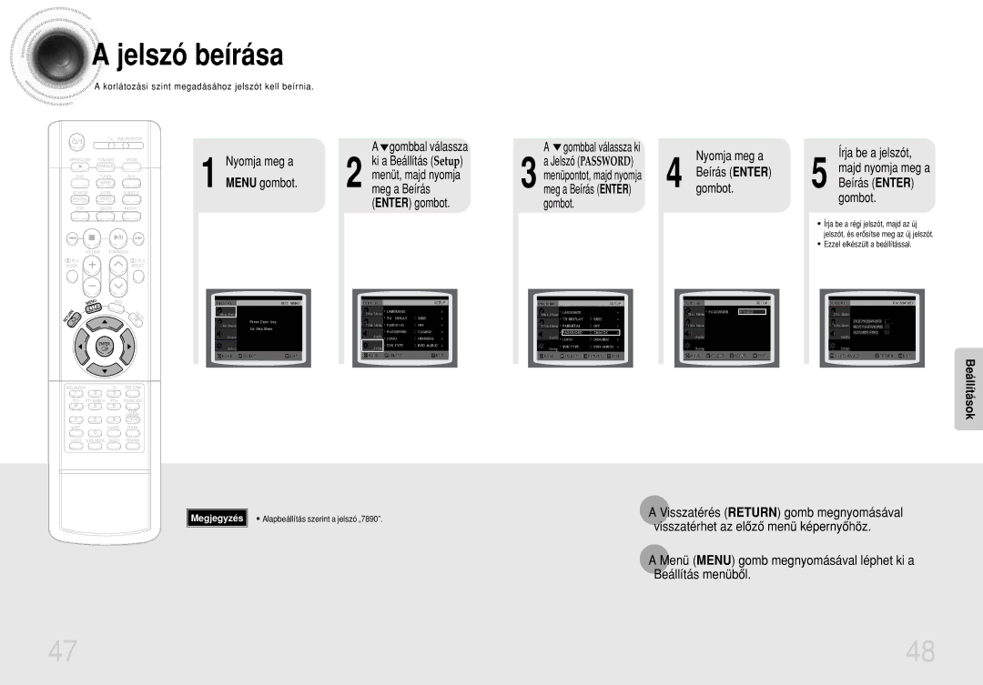 Samsung HTDS420RH/EDC manual Jelszó beírása, Nyomja meg a Menu gombot Gombbal válassza, Beállítás Setup, Menüt, majd nyomja 