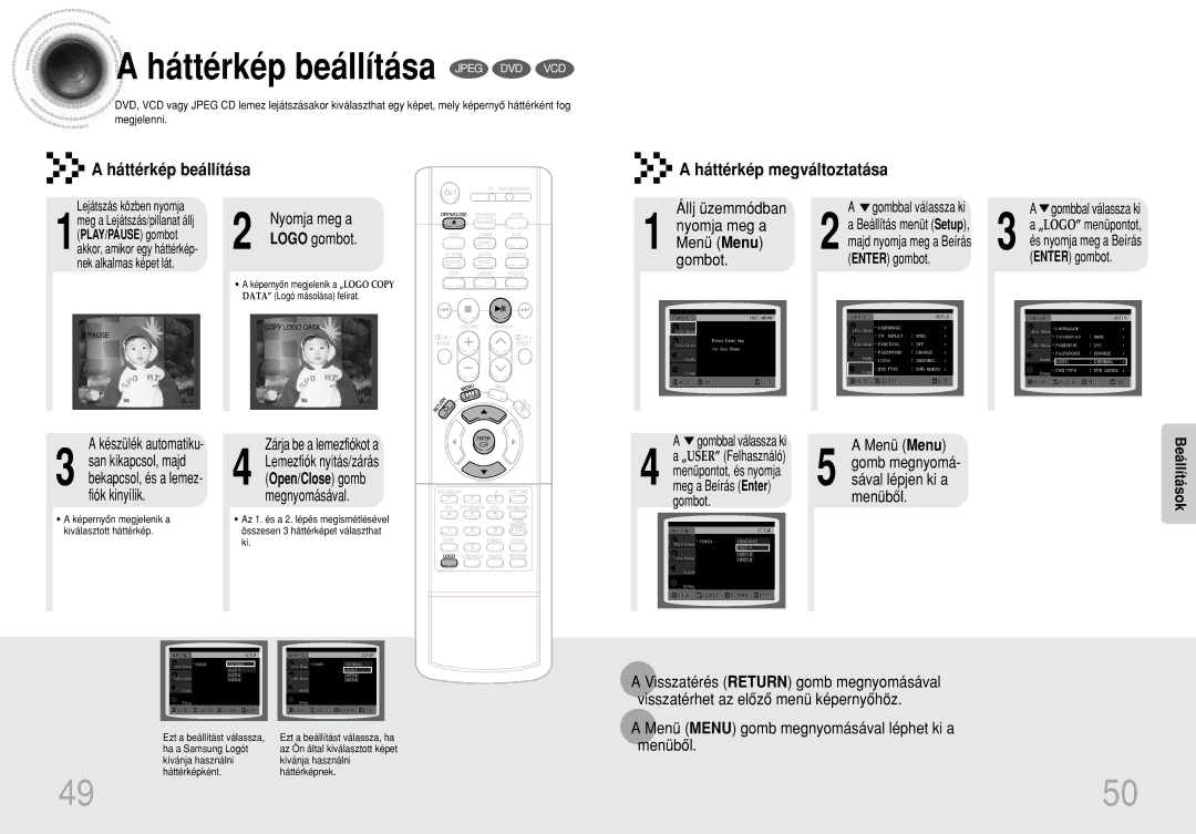 Samsung HTDS400RH/ELS, HTDS420RH/EDC manual Háttérkép beállítása Jpeg DVD VCD, Készülék automatiku, Zárja be a lemezfiókot a 