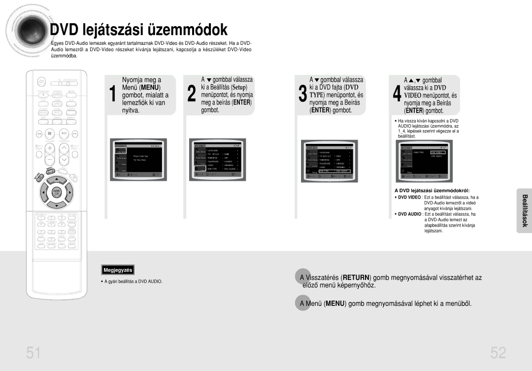 Samsung HTDS420RH/EDC DVD lejátszási üzemmódok, Visszatérés Return gomb megnyomásával visszatérhet az, Gombbal válassza 