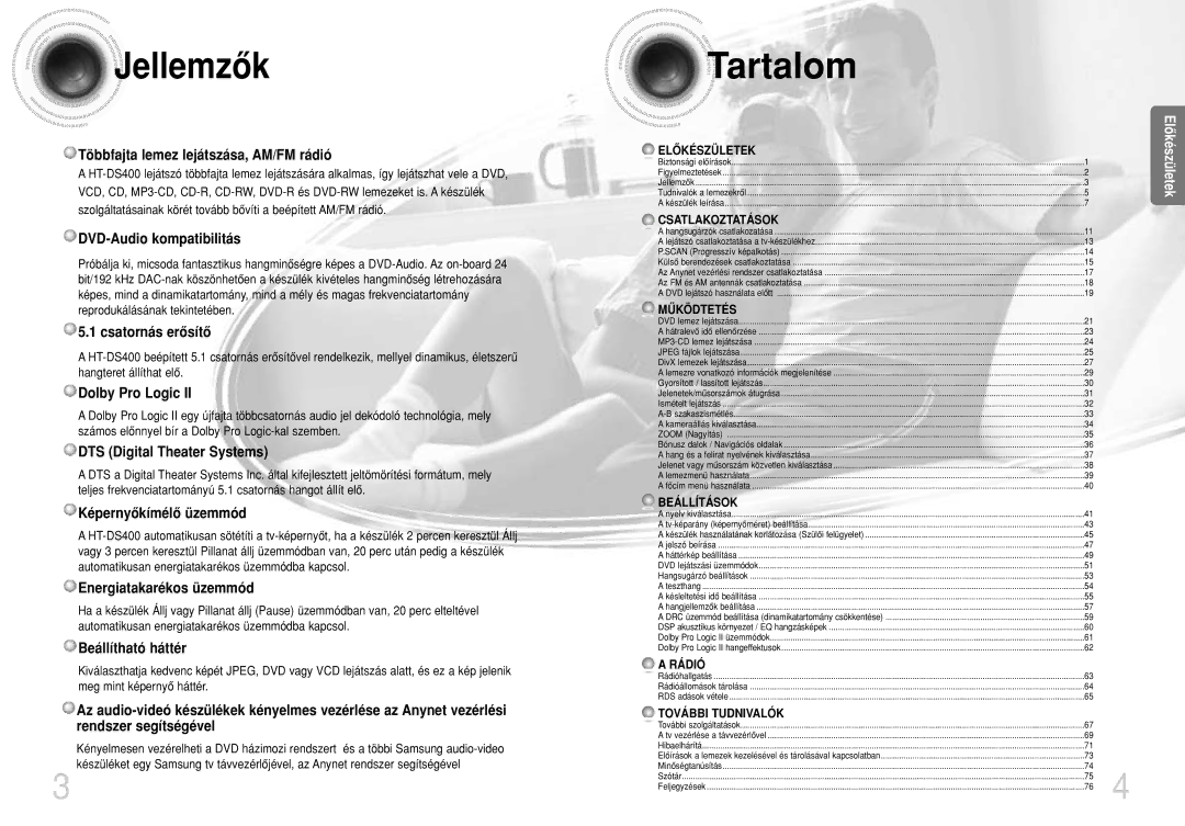 Samsung HTDS420RH/EDC, HTDS400RH/ELS manual Jellemzôk, Tartalom 