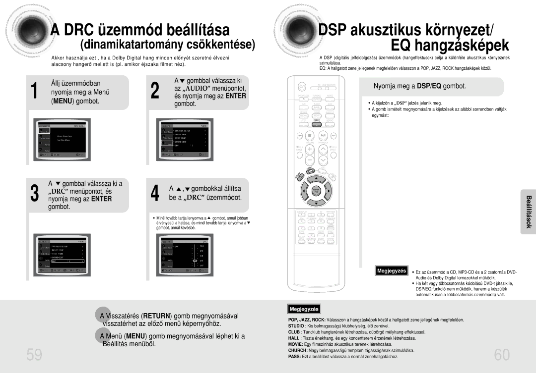 Samsung HTDS420RH/EDC manual DRC üzemmód beállítása, Nyomja meg a Menü, Menu gombot Gombot, Nyomja meg a DSP/EQ gombot 