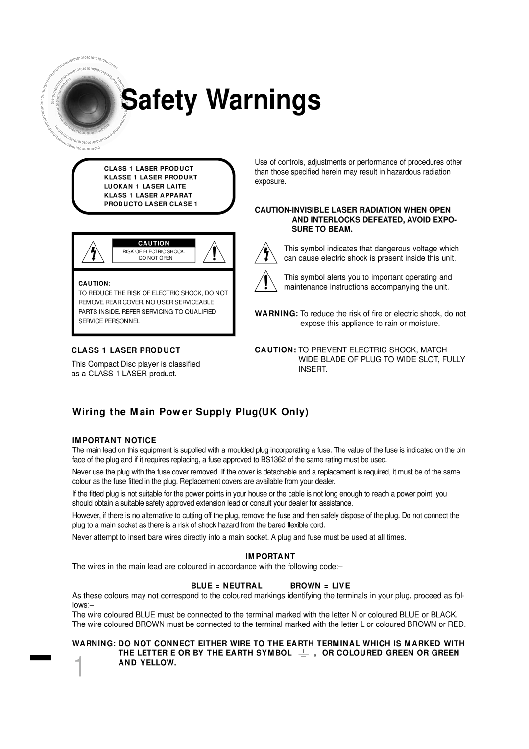 Samsung HTDS460RH/ELS, HTDS460RH/XFO manual Safety Warnings, Class 1 Laser Product 