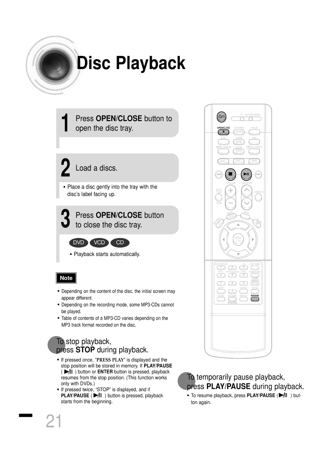 Samsung HTDS460RH/ELS, HTDS460RH/XFO manual Disc Playback, Press OPEN/CLOSE button to open the disc tray, Load a discs 