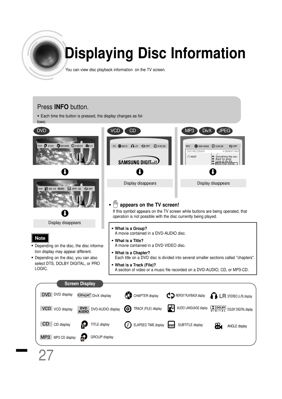 Samsung HTDS460RH/ELS, HTDS460RH/XFO manual Displaying Disc Information, Press Info button 