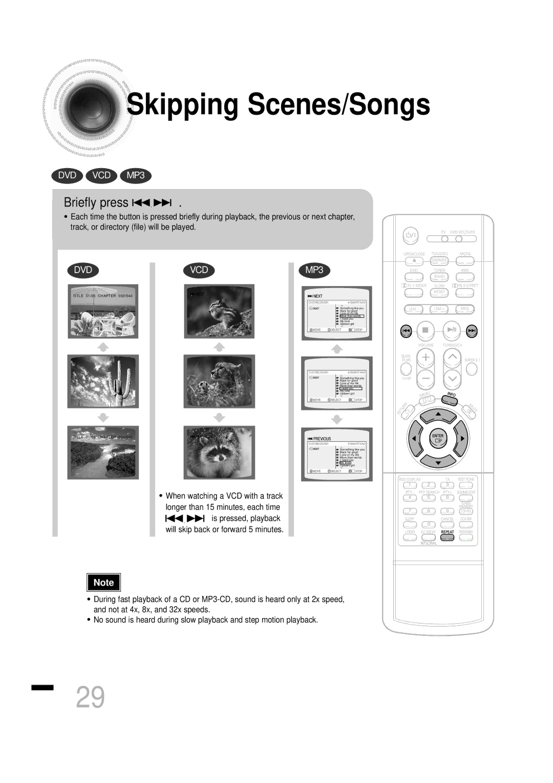 Samsung HTDS460RH/ELS, HTDS460RH/XFO manual Skipping Scenes/Songs, Briefly press 