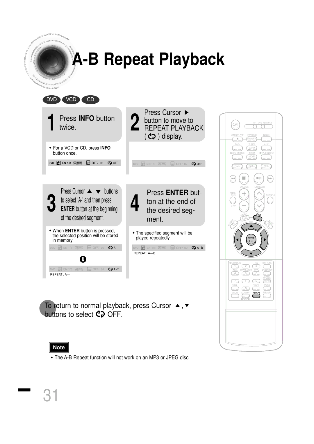 Samsung HTDS460RH/ELS, HTDS460RH/XFO manual Press Info button twice, Ton at the end, Desired seg, Ment, Press Enter but 