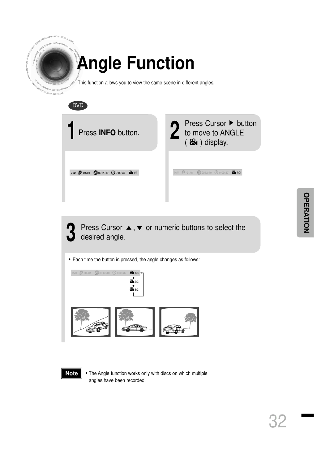 Samsung HTDS460RH/XFO, HTDS460RH/ELS manual Angle Function, Press Info button Press Cursor button 