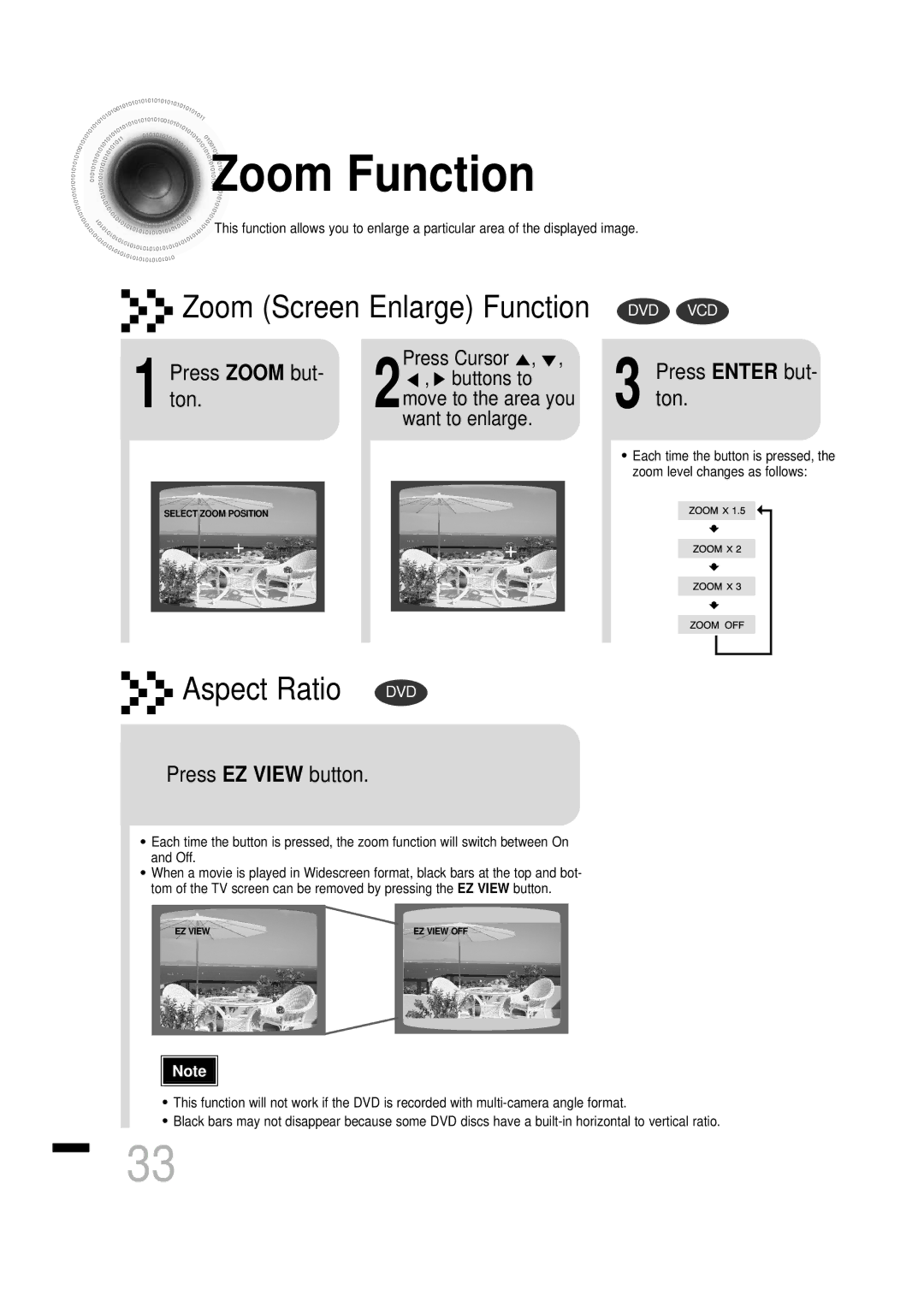 Samsung HTDS460RH/ELS, HTDS460RH/XFO manual Zoom Function, Ton, Press Zoom but, Press EZ View button, Press Enter but- ton 