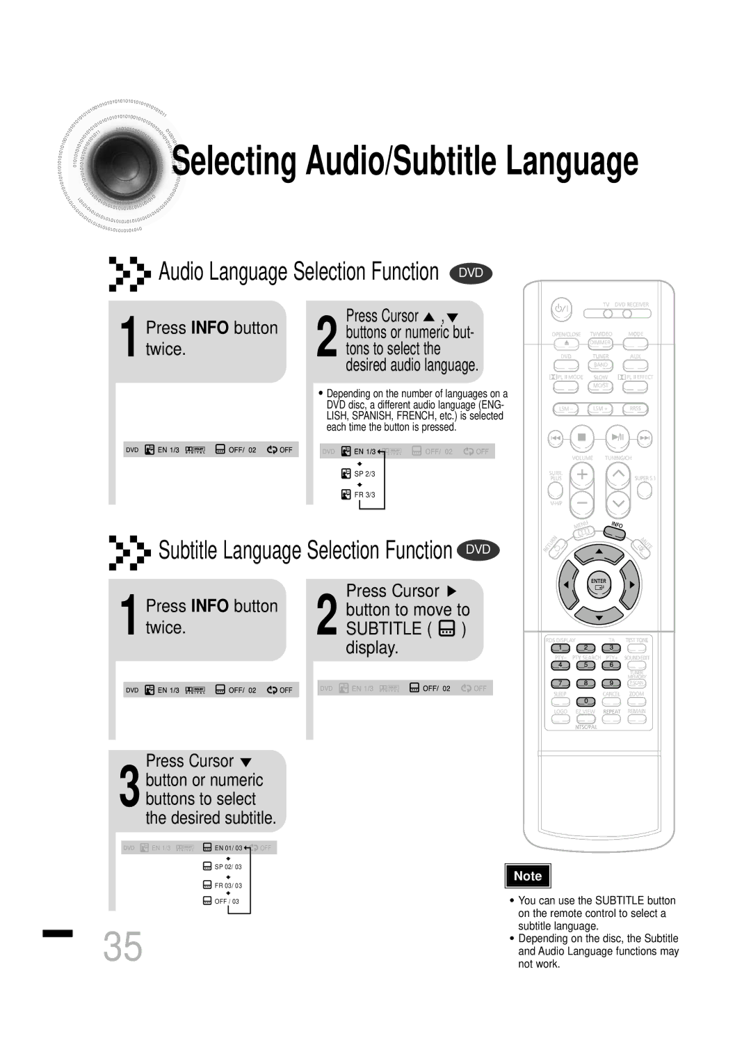 Samsung HTDS460RH/ELS manual 1Press Info button twice, Desired audio language, Buttons to select the desired subtitle 