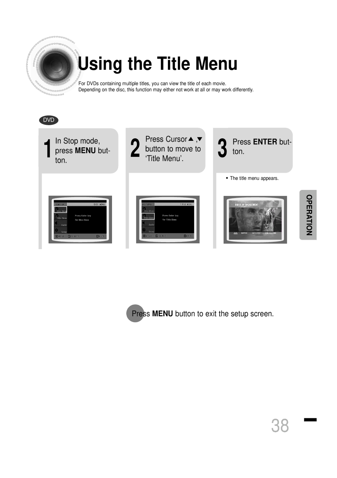 Samsung HTDS460RH/XFO, HTDS460RH/ELS manual Using the Title Menu, Press Enter but, Button to move to Ton ‘Title Menu’ 