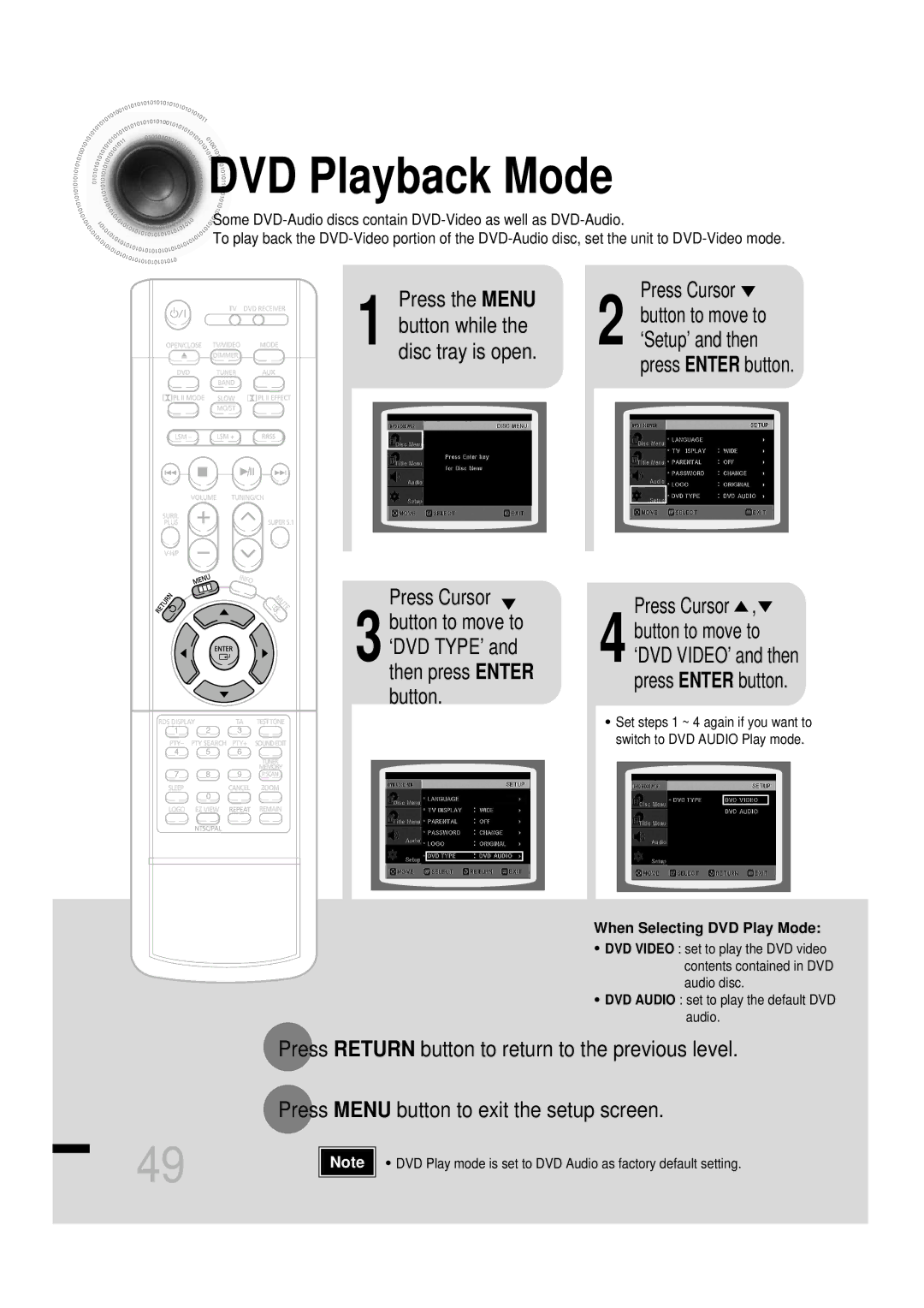 Samsung HTDS460RH/ELS, HTDS460RH/XFO manual DVD Playback Mode, Press the Menu, Press Enter button 