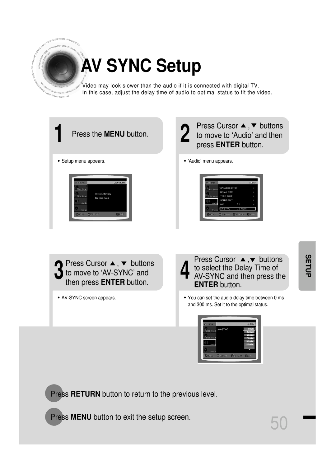 Samsung HTDS460RH/XFO manual AV Sync Setup, Press the Menu button Press Cursor , buttons, To move to ‘Audio’ and then 