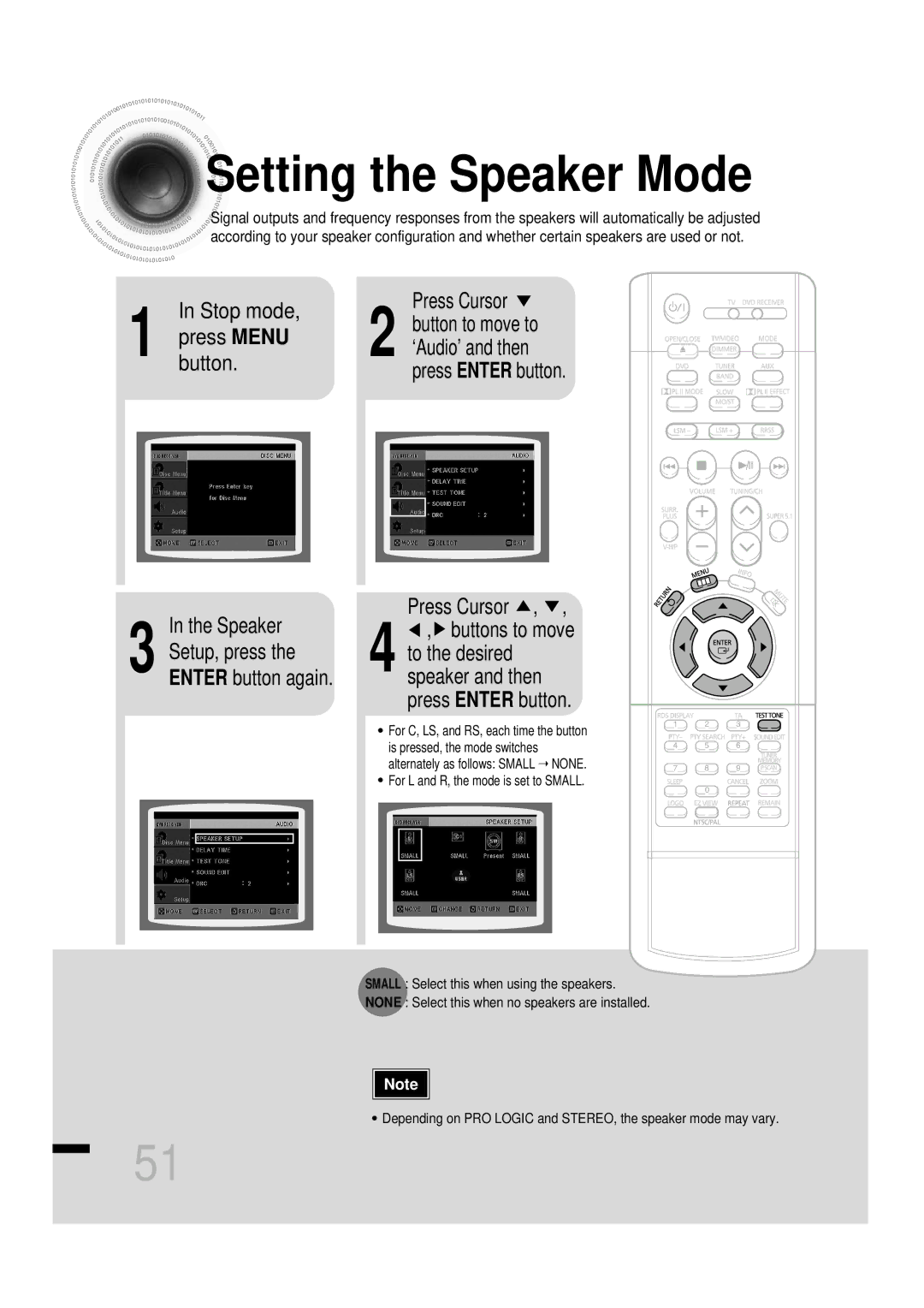 Samsung HTDS460RH/ELS manual Setting the Speaker Mode, Stop mode Press Menu Button Speaker, Press Enter button Press Cursor 