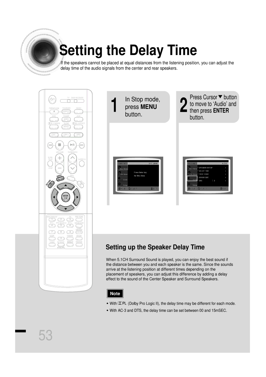 Samsung HTDS460RH/ELS, HTDS460RH/XFO manual Setting the Delay Time, Stop mode Press Menu Button, Press Cursor button 