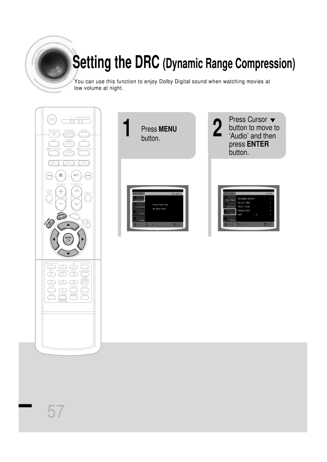 Samsung HTDS460RH/ELS, HTDS460RH/XFO manual Setting the DRC Dynamic Range Compression, ‘Audio’ and then 