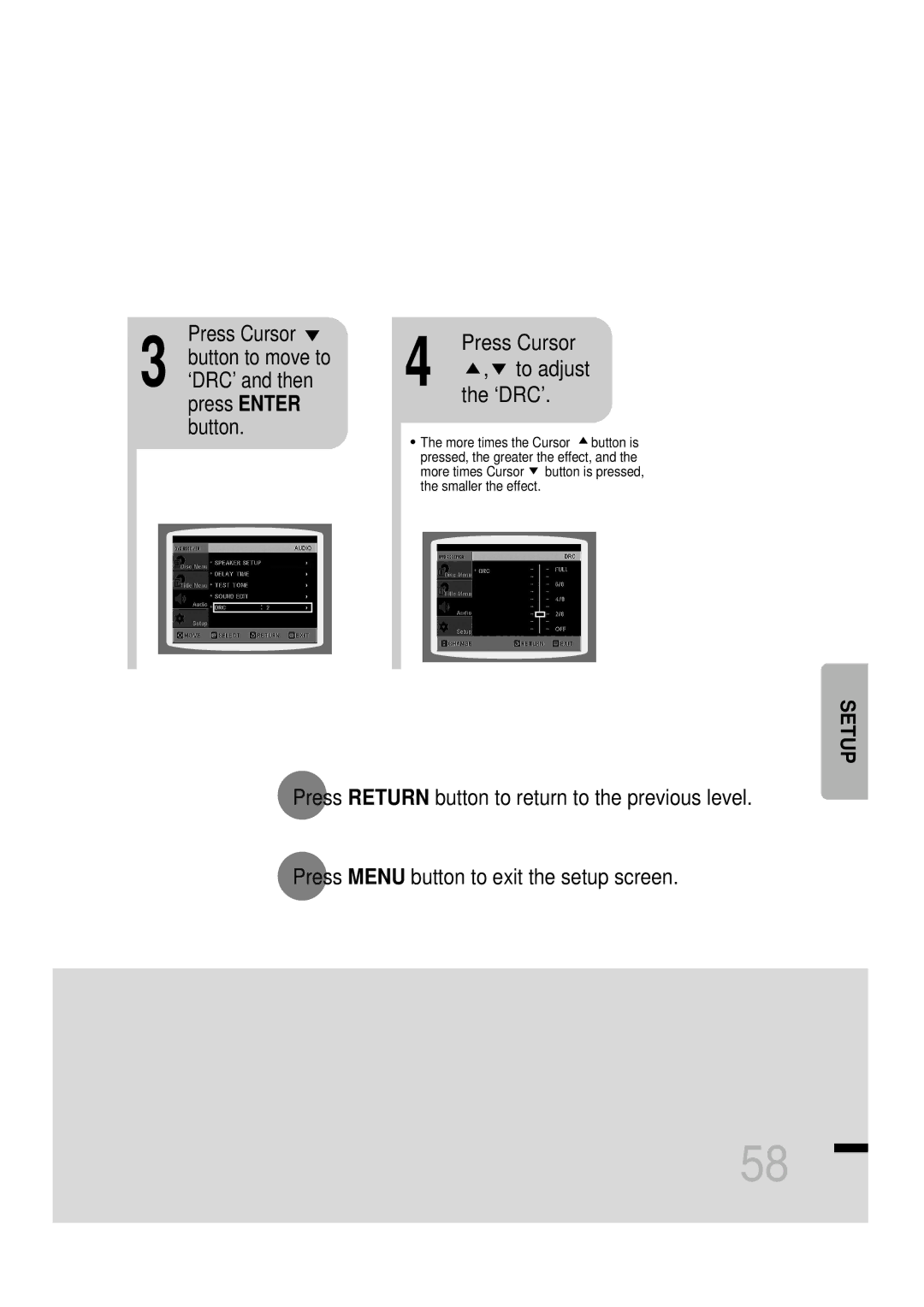 Samsung HTDS460RH/XFO, HTDS460RH/ELS manual ‘DRC’ and then press Enter button, To adjust the ‘DRC’.Press Cursor 