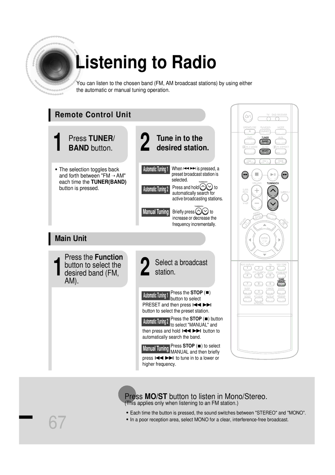 Samsung HTDS460RH/ELS, HTDS460RH/XFO manual Listening to Radio, Remote Control Unit Press Tuner, Band button, Main Unit 