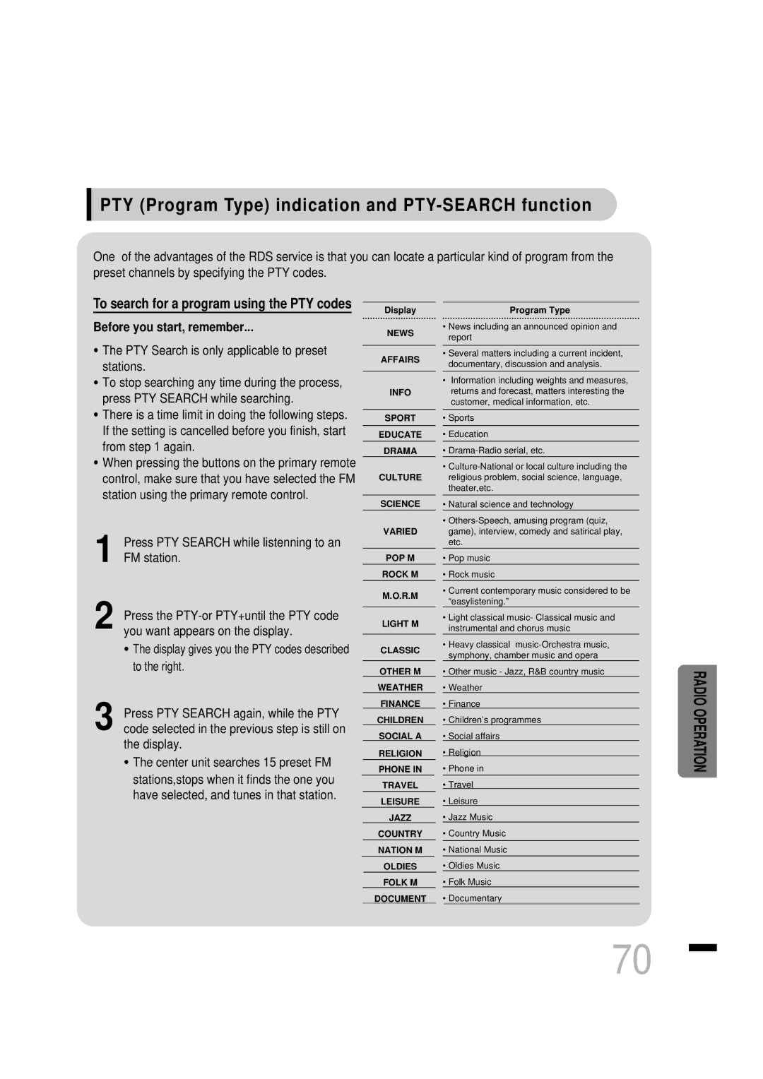 Samsung HTDS460RH/XFO, HTDS460RH/ELS manual PTY Program Type indication and PTY-SEARCH function, Before you start, remember 