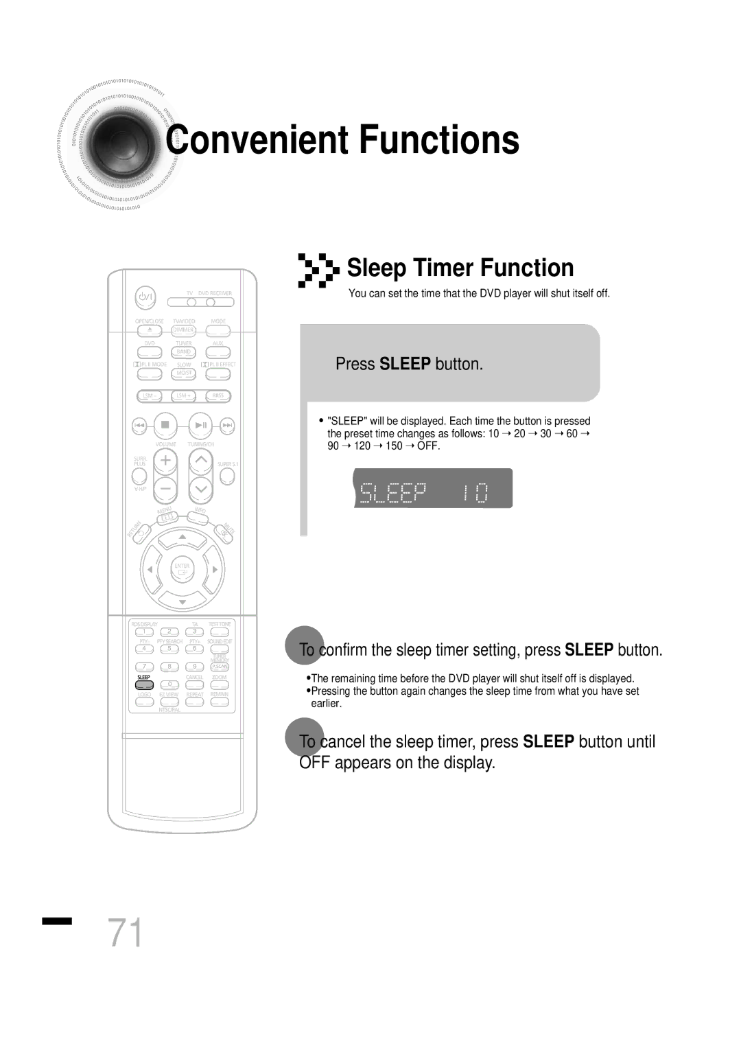 Samsung HTDS460RH/ELS Convenient Functions, Press Sleep button, To confirm the sleep timer setting, press Sleep button 