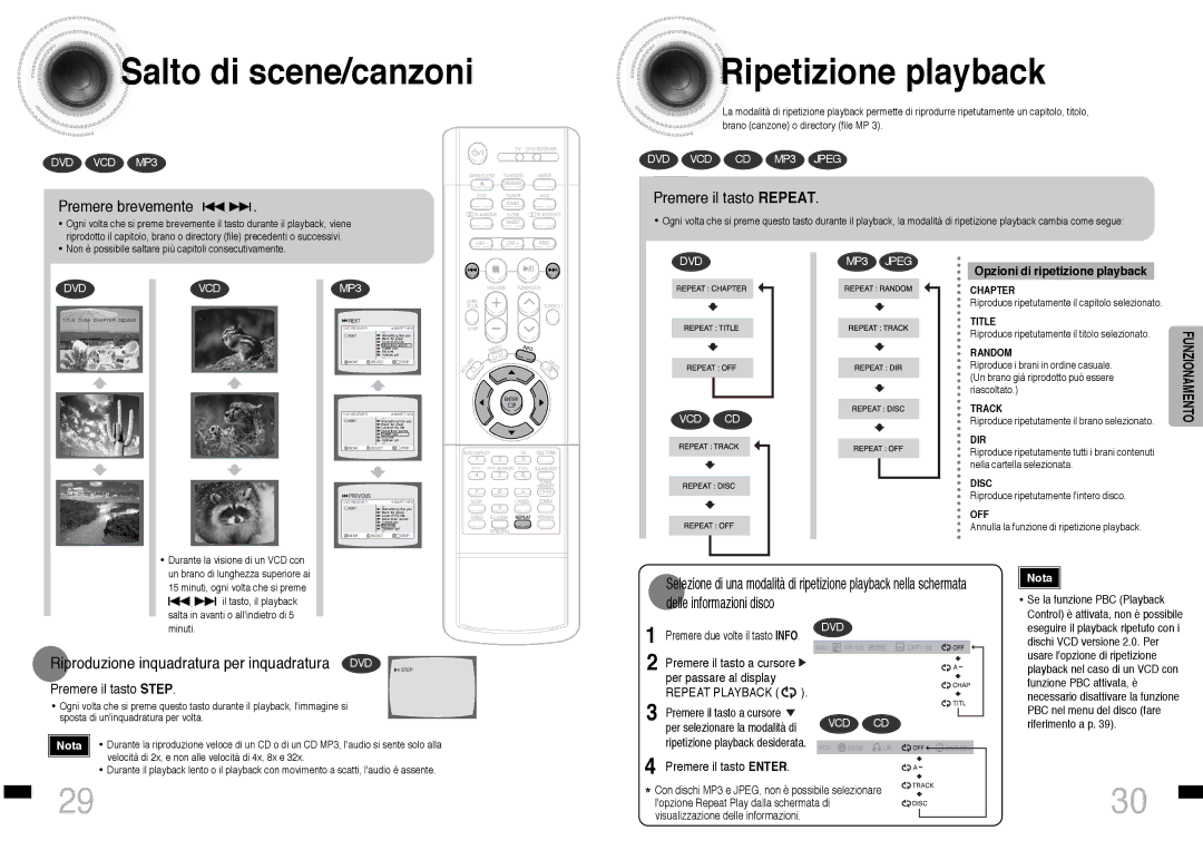 Samsung HTDS460RH/ELS manual Salto di scene/canzoni, Ripetizione playback, Premere brevemente, Premere il tasto Repeat 