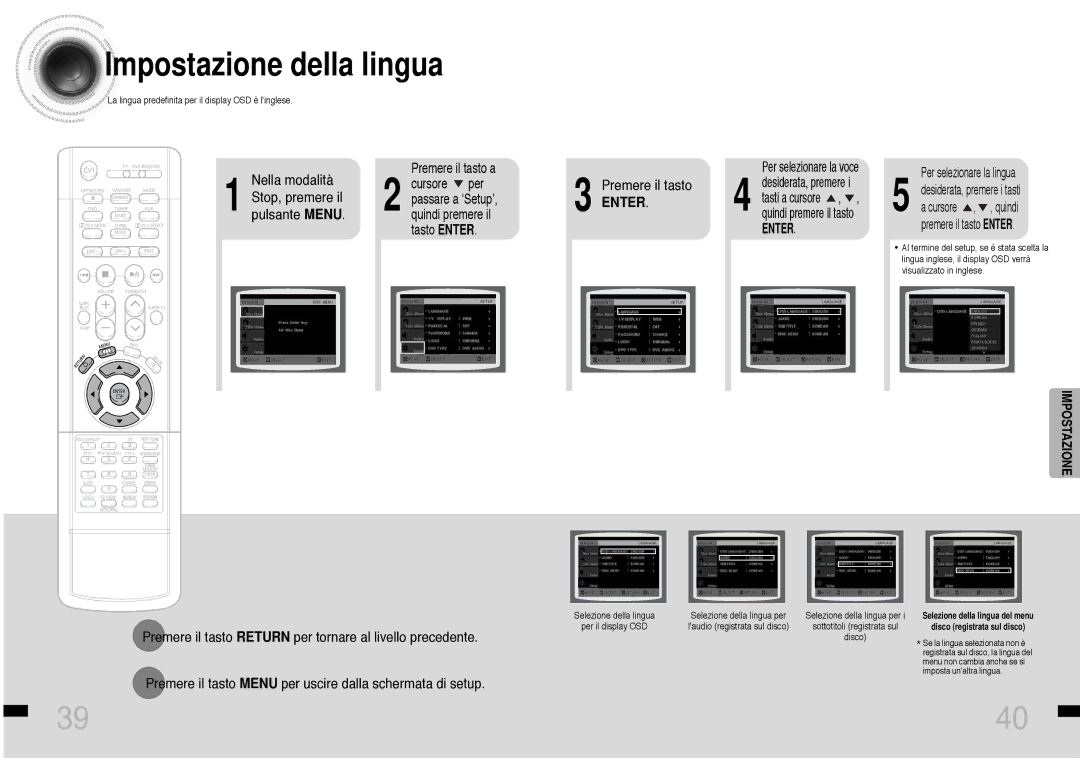 Samsung HTDS460RH/XFO Impostazione della lingua, Nella modalità Stop, premere il pulsante Menu, Per selezionare la voce 