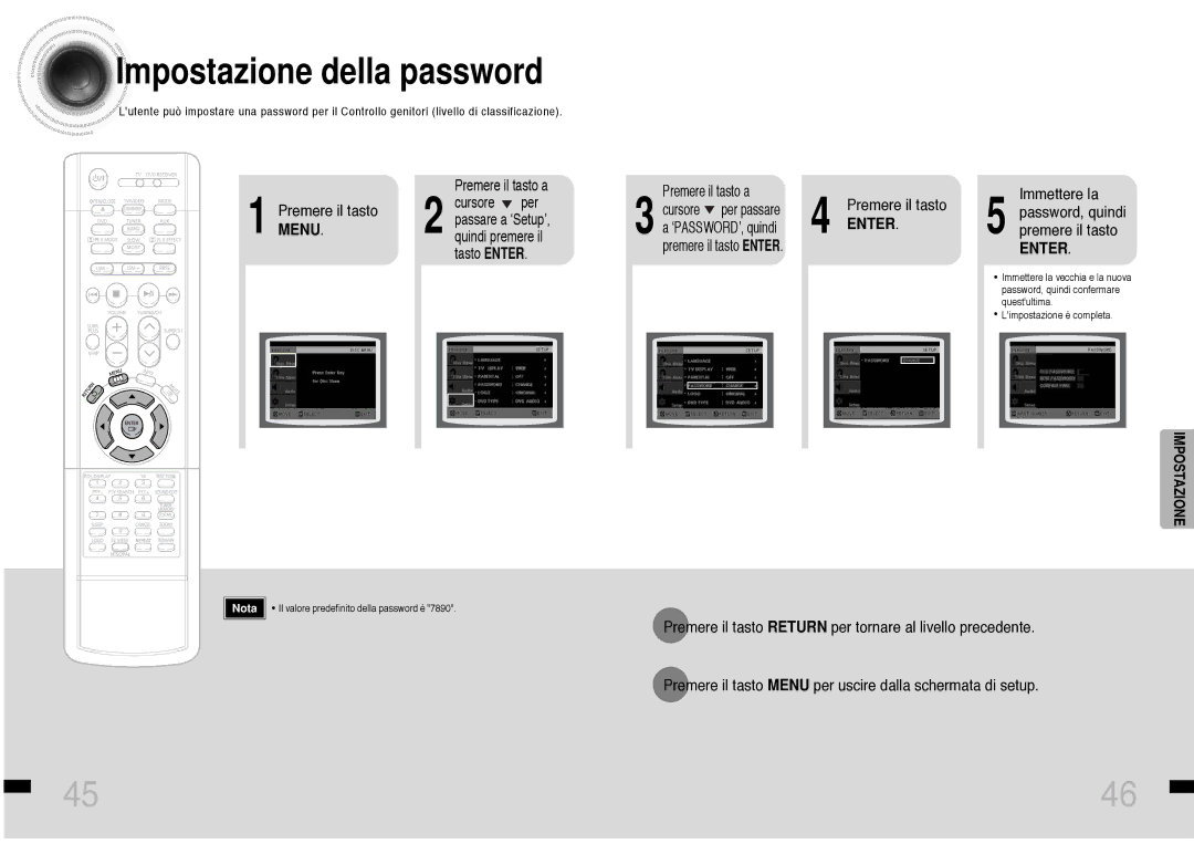 Samsung HTDS460RH/ELS Impostazione della password, Premere il tasto Menu, Immettere la Password, quindi premere il tasto 