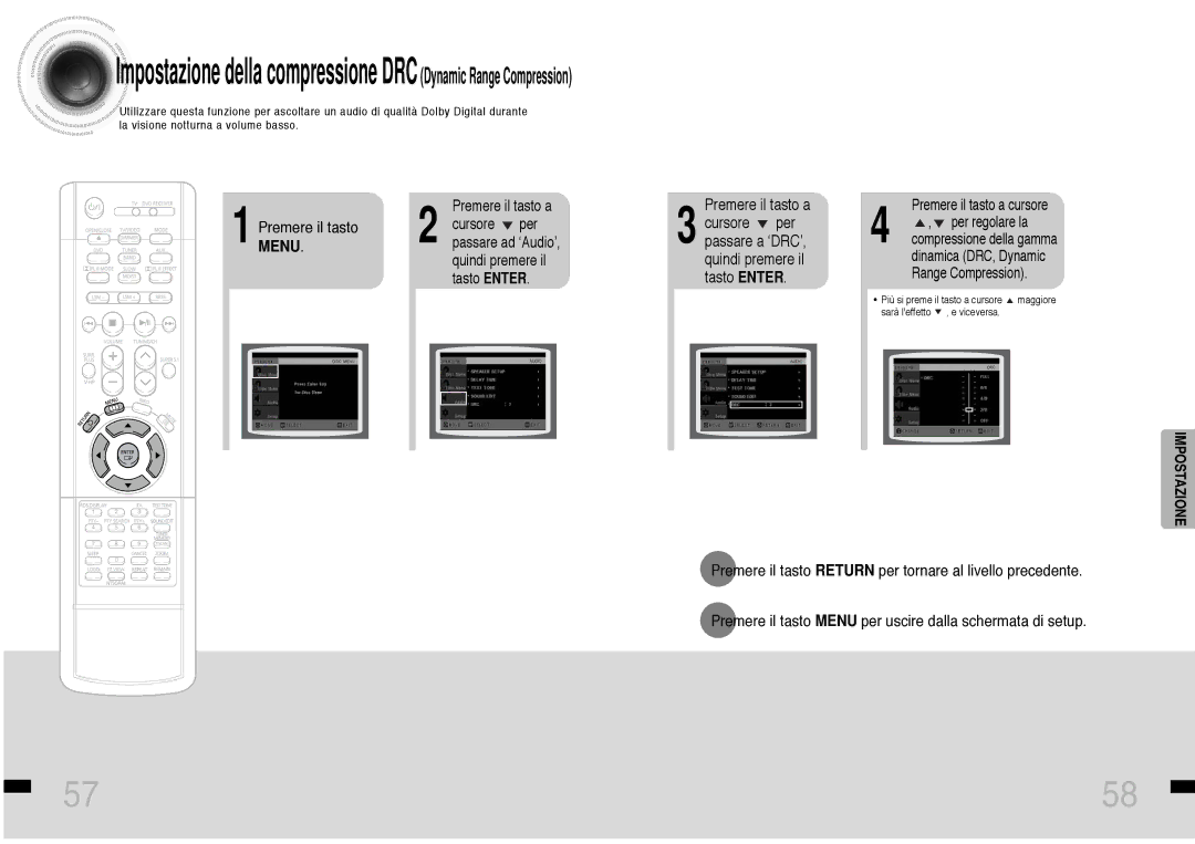 Samsung HTDS460RH/ELS, HTDS460RH/XFO manual Premere il tasto Menu, Per regolare la compressione della gamma 